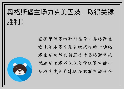 奥格斯堡主场力克美因茨，取得关键胜利！
